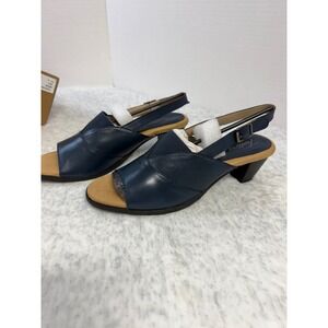 Trotters Mavis Navy Blue Leather Slingback Block Heel Sandals Womens 9.5 N NEW
